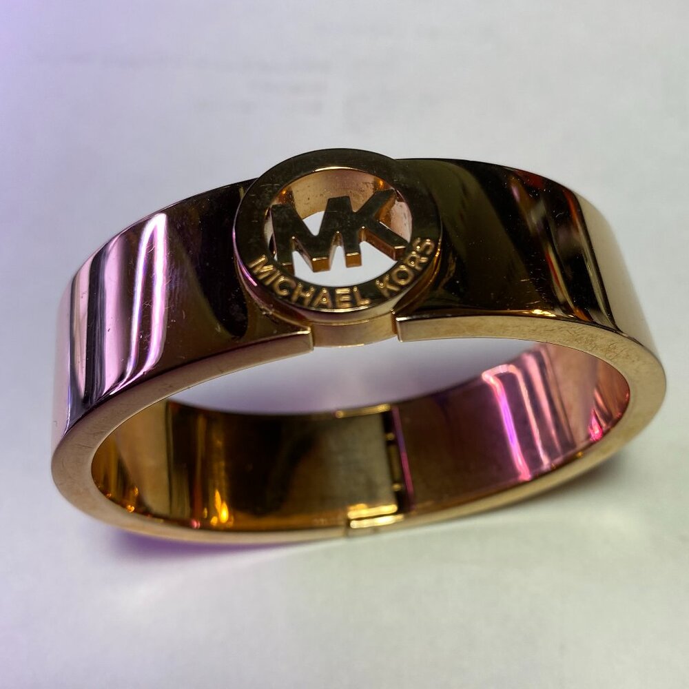 Michael Kors Wide Gold Tone Logo Hinge Bracelet
